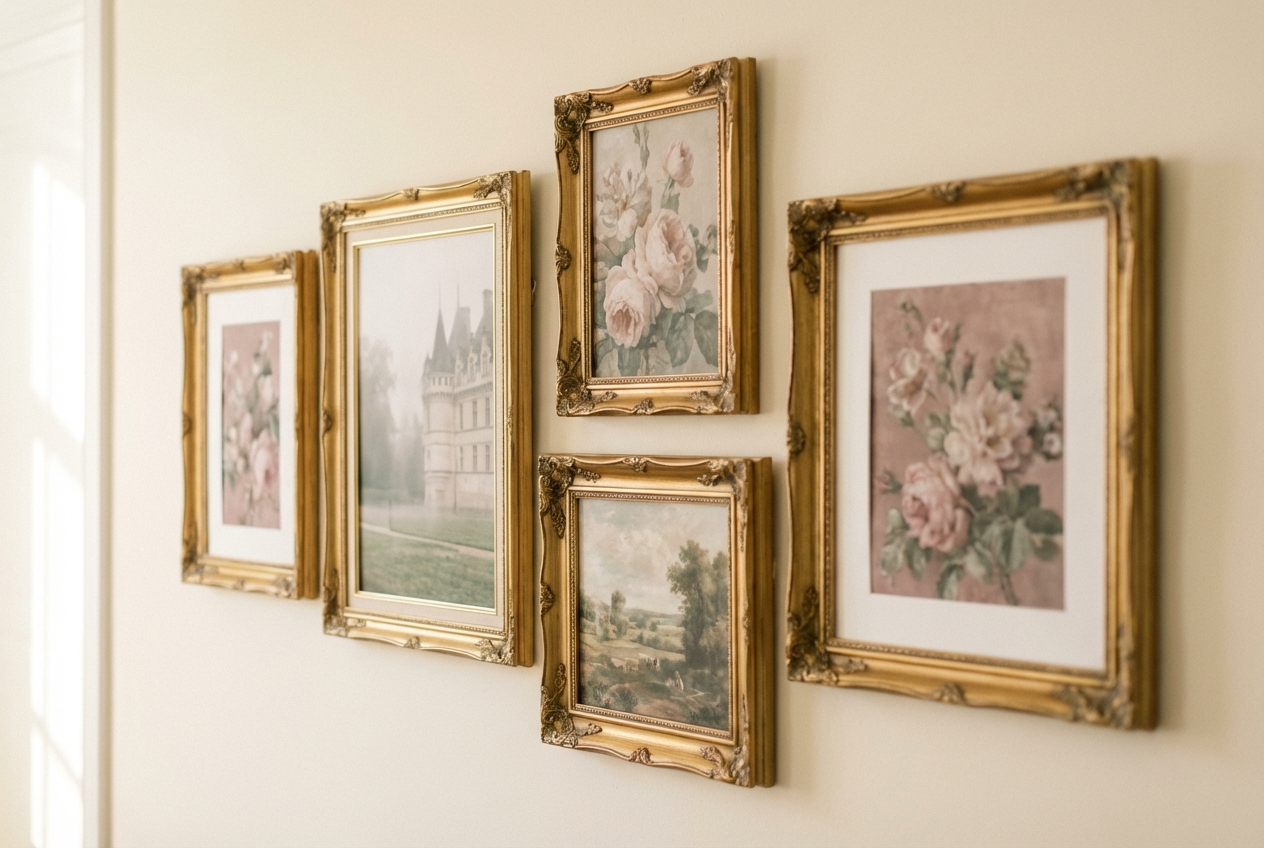 Dreamy Châteaucore gallery wall with ornate gold frames and vintage French art prints