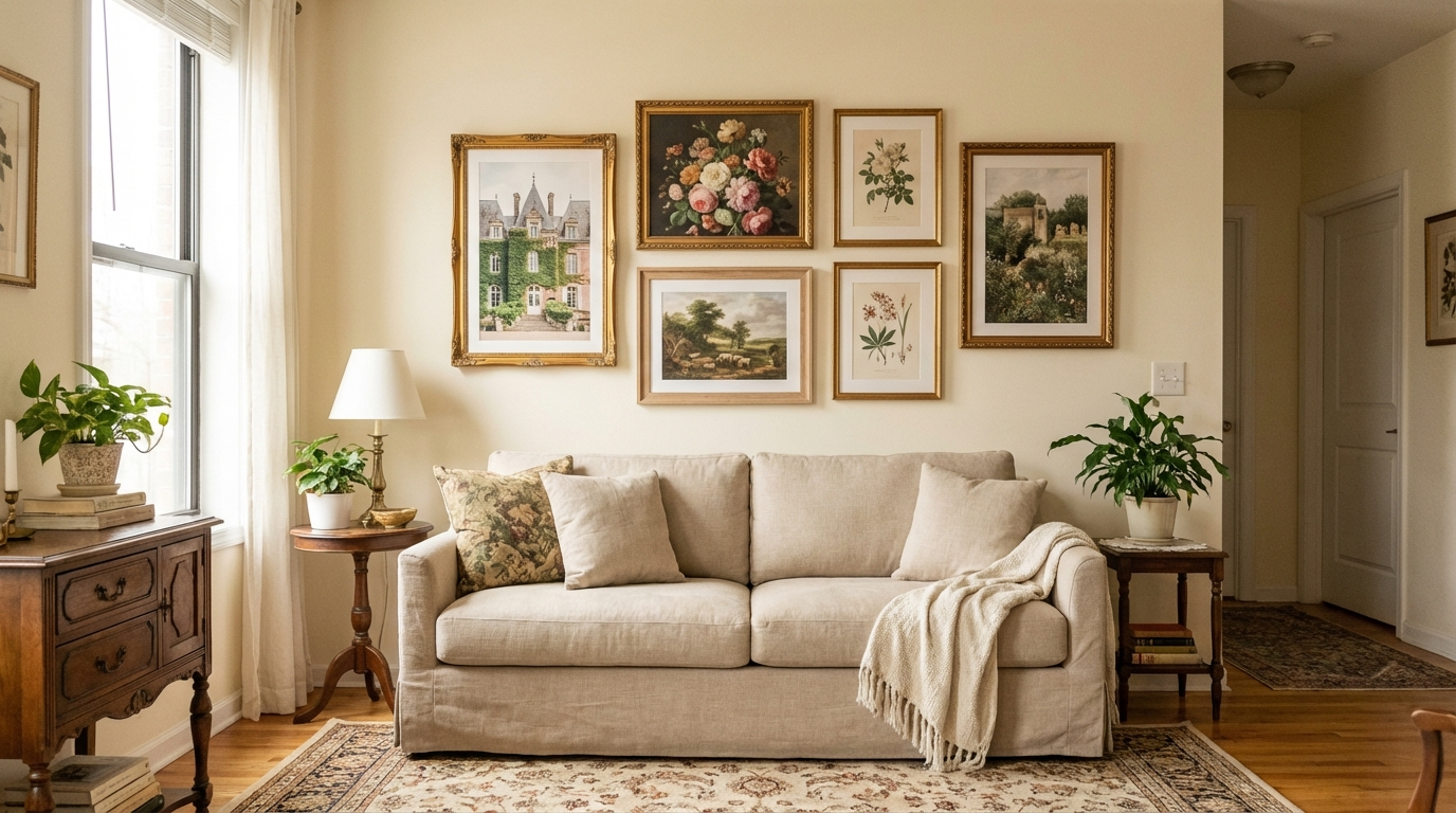 Complete Châteaucore gallery wall bundle mockup - 6 coordinated prints in ornate frames above a linen sofa
